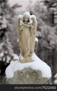 Snow covered stone angel.