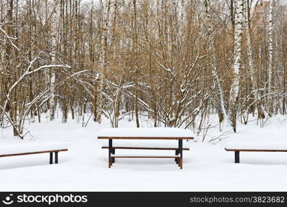 snow covered table and benches on recreation ground of urban park in winter