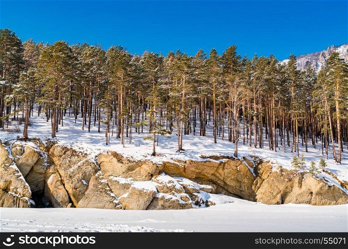 Snow covered the mountain and the pine trees at Lake Baikal Russia