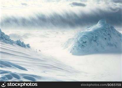 Snow dunes panorama during blizzard. White and empty frozen scenic imaginary landscape. Generative AI.. Snow dunes panorama during blizzard. White and empty frozen scenic imaginary landscape. Generative AI