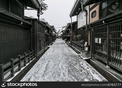 Snow fall Winter in old town Takayama Gifu Prefecture, Japan