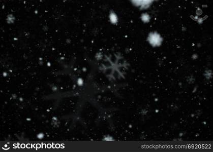 Snow falling on dark winter night. Snowflakes bokeh effect abstract blur.