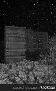 Snow falling over trees and city buildings on cold winter night. Black and white.