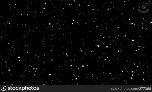 Snow falling. White falling powder glitter confetti. Explosion on black background for overlay, abstract illustration