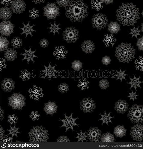 Snow Flakes Seamless Pattern. Winter Texture. Snow Flakes Seamless Pattern on Black Background. Winter Christmas Decorative Texture