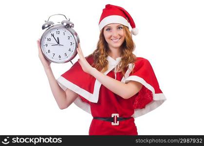 Snow girl with clock on white