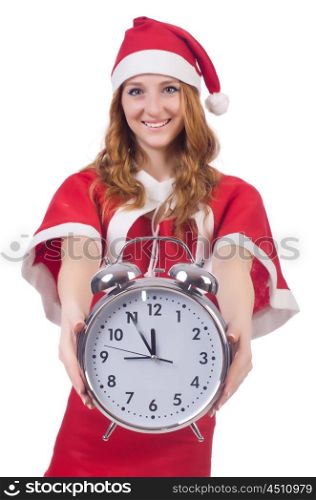 Snow girl with clock on white