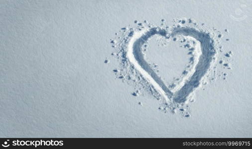 Snow heart and winter love symbol as a romance shape greetings with copy space background.