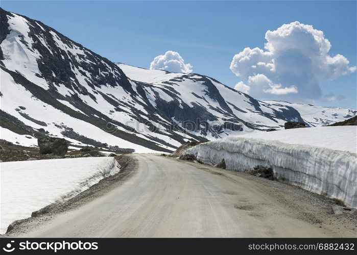 snow in summer on the gamle strynefjellsvegen one of the most beautifull auto roads in norway with snow in summer