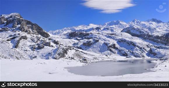 Snow in the Lake Ercina, Asturias, Spain.