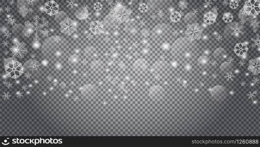 Snow is falling for christmas or New Year banner. Tracery snowflakes in different shapes are isolated on background. White snowballs frame for xmas greeting cards,. Snow is falling for christmas or New Year banner. Tracery snowflakes in different shapes are isolated on background.