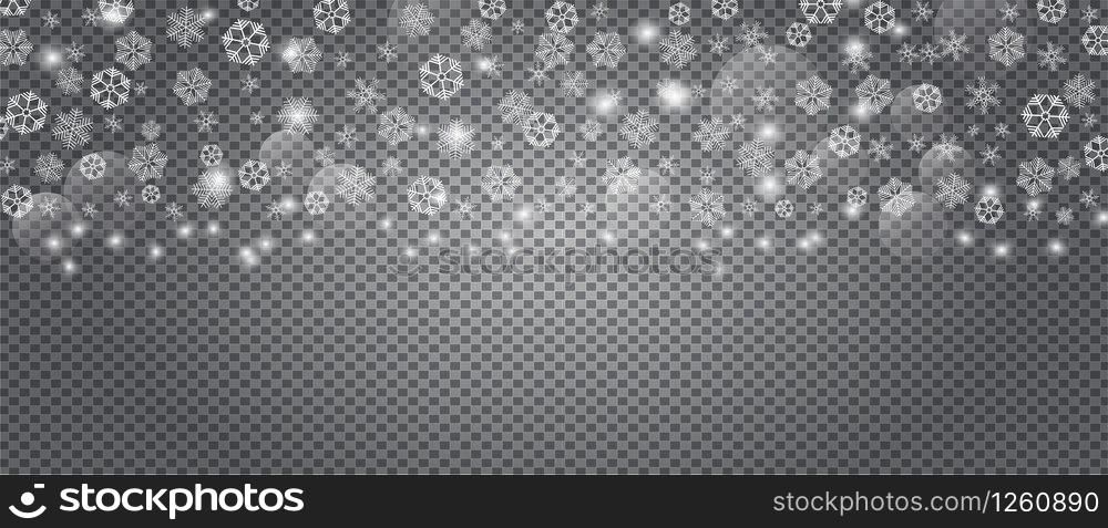 Snow is falling for christmas or New Year banner. Tracery snowflakes in different shapes are isolated on transparent background. White snowballs vector frame for xmas greeting cards,. Snow is falling for christmas or New Year banner. Tracery snowflakes in different shapes are isolated on transparent background.