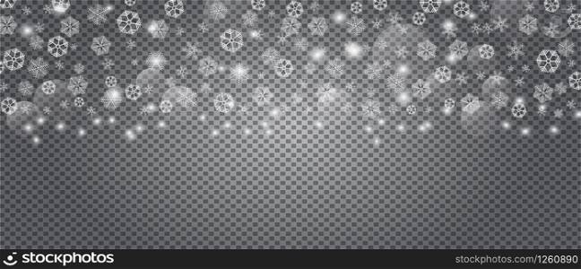 Snow is falling for christmas or New Year banner. Tracery snowflakes in different shapes are isolated on transparent background. White snowballs vector frame for xmas greeting cards,. Snow is falling for christmas or New Year banner. Tracery snowflakes in different shapes are isolated on transparent background.