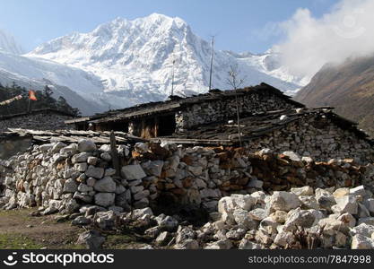 Snow mountain and farm houses in Nepal