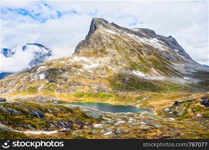 Snow mountain peak around Alnesvatnet lake panorama, path of trolles, Trollstigen, Rauma Municipality, More og Romsdal, county, Norway