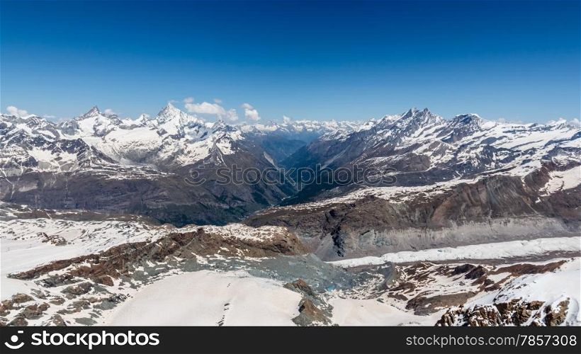 Snow Mountain Range Landscape with Blue Sky at Alps Region, Zermatt, Switzerland