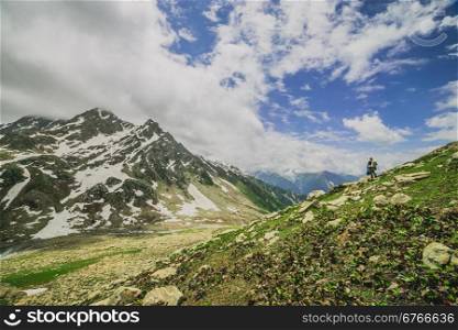 snow mountain with green field