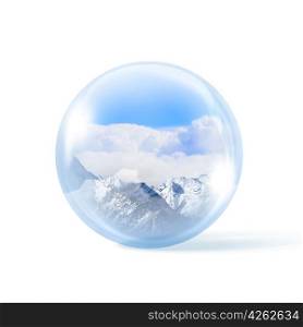 Snow mountains inside a glass ball