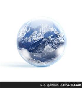 Snow mountains inside a glass ball
