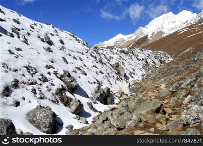 Snow near footpath to Larke pass in Nepal mountain