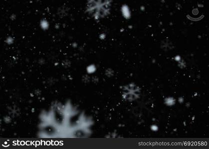 Snow on night sky abstract blur background. Snowflakes bokeh effect.