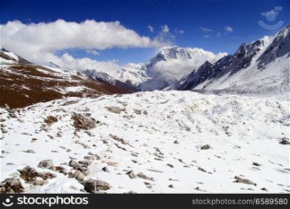 Snow on the slope of Manaslu near Larke pass in Nepal