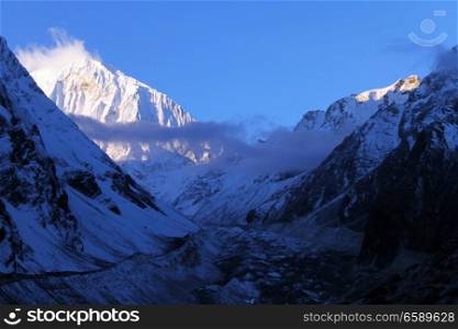 Snow peak of Manaslu mount in Nepal