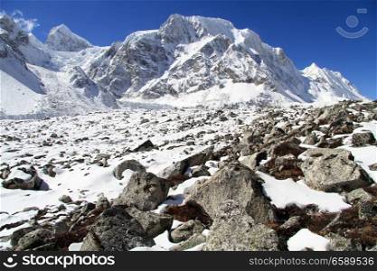 Snow peaks on mount Manaslu in Nepal