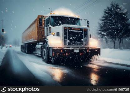 Snow plow truck cleaning snowy road in snowstorm. Snowfall on the driveway. Neural network AI generated art. Snow plow truck cleaning snowy road in snowstorm. Snowfall on the driveway. Neural network generated art