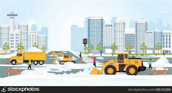 Snow plow truck cleaning urban residential area streets winter snow removal, concept modern city buildings, cleaning snow on the streets of the city vector illustration.