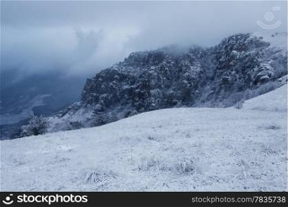 Snow storm at Demerdzhi mountain, Crimea, Ukraine