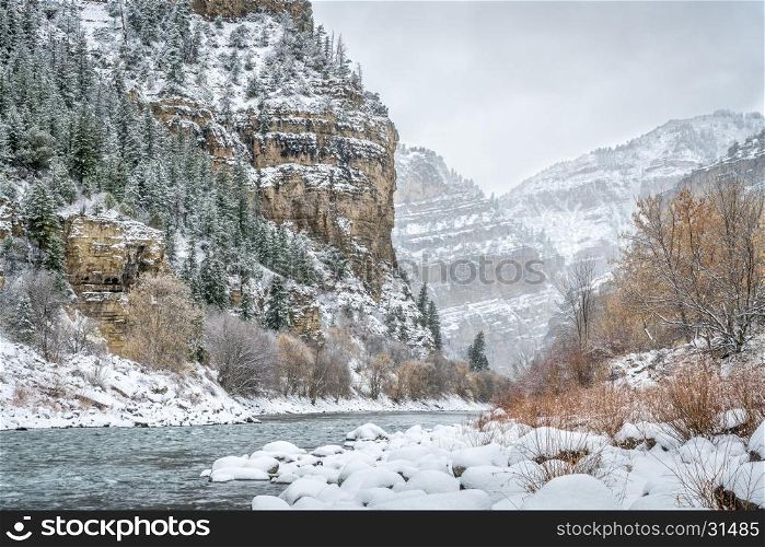 Snow storm over Colorado River in Glenwood Canyon at Grizzly Creek Rest Area