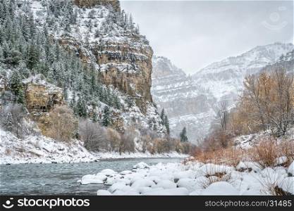 Snow storm over Colorado River in Glenwood Canyon at Grizzly Creek Rest Area