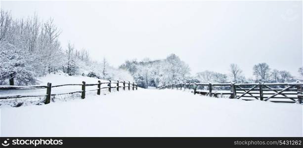 Snow Winter landscape countryside scene with English countryside