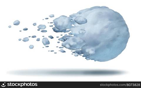 Snowball throw or snow ball throwing icon as a floating or thrown frozen winter ice crystal sphere object on a white background with a cast shadow as a symbol for cold winter weather seasonal fun activity with 3D illustration elements.&#xA;&#xA;
