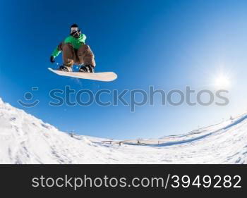 Snowboarder executing a radical jump against blue sky.