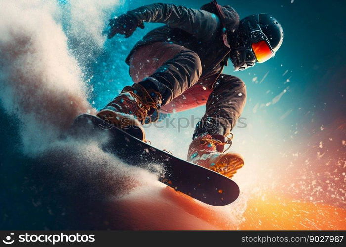 Snowboarder freeride on the slope in snow mountain. Ge≠rative AI. High quality illustration. Snowboarder freeride on the slope in snow mountain. Ge≠rative AI