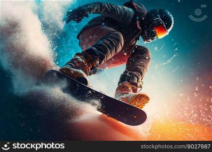 Snowboarder freeride on the slope in snow mountain. Ge≠rative AI. High quality illustration. Snowboarder freeride on the slope in snow mountain. Ge≠rative AI