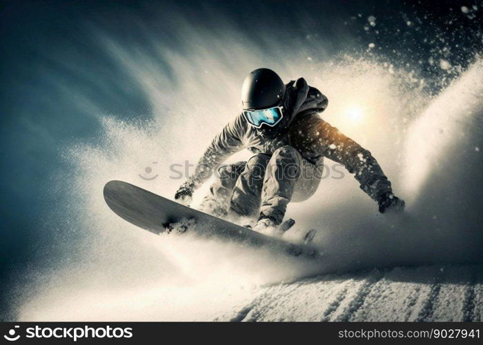 Snowboarder freeride on the slope in snow mountain. Generative AI. High quality illustration. Snowboarder freeride on the slope in snow mountain. Generative AI