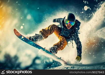 Snowboarder freeride on the slope in snow mountain. Generative AI. High quality illustration. Snowboarder freeride on the slope in snow mountain. Generative AI