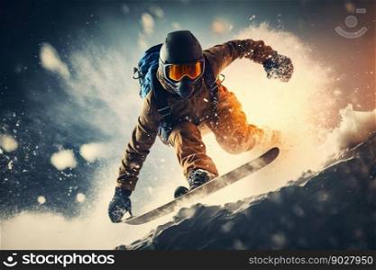 Snowboarder freeride on the slope in snow mountain. Generative AI. High quality illustration. Snowboarder freeride on the slope in snow mountain. Generative AI