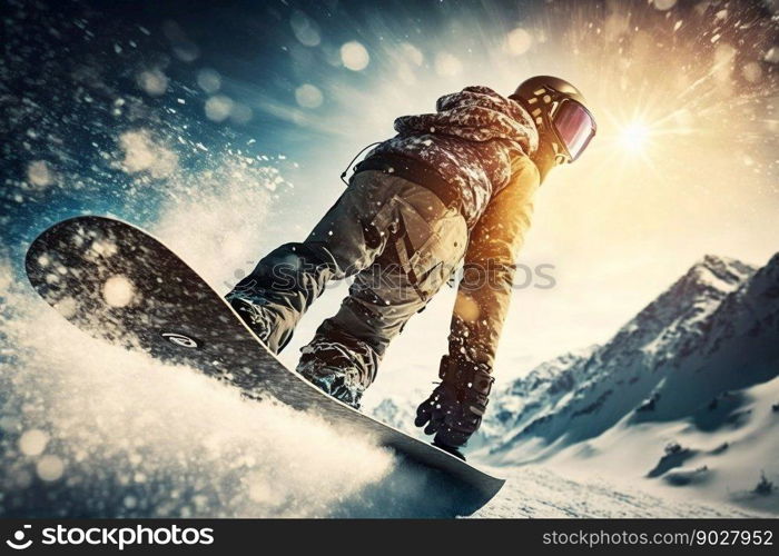 Snowboarder freeride on the slope in snow mountain. Generative AI. High quality illustration. Snowboarder freeride on the slope in snow mountain. Generative AI