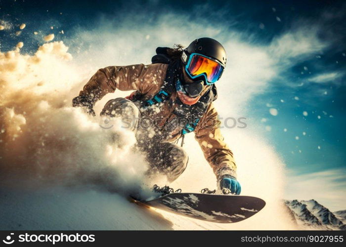 Snowboarder freeride on the slope in snow mountain. Generative AI. High quality illustration. Snowboarder freeride on the slope in snow mountain. Generative AI