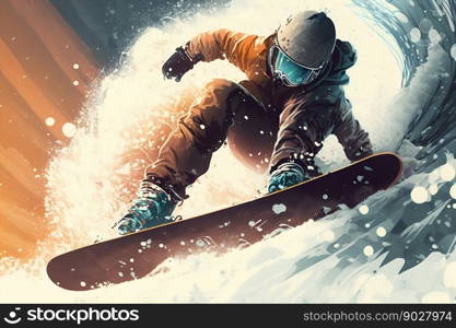 Snowboarder freeride on the slope in snow mountain. Generative AI. High quality illustration. Snowboarder freeride on the slope in snow mountain. Generative AI