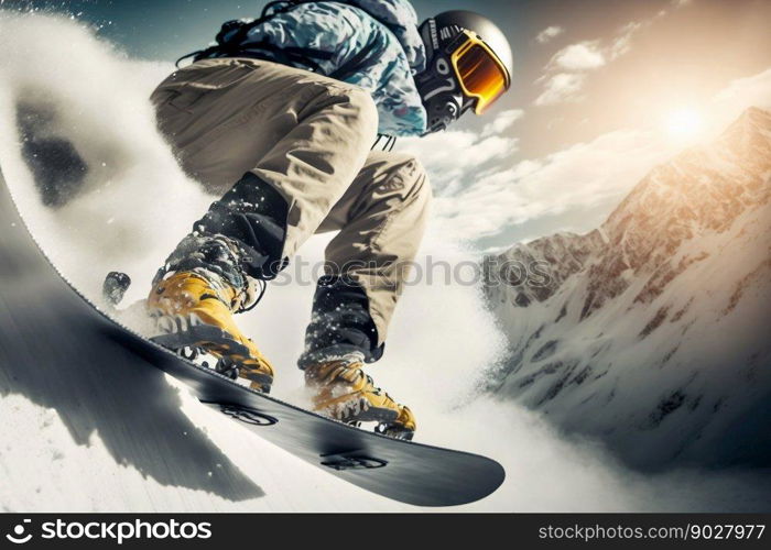 Snowboarder freeride on the slope in snow mountain. Generative AI. High quality illustration. Snowboarder freeride on the slope in snow mountain. Generative AI