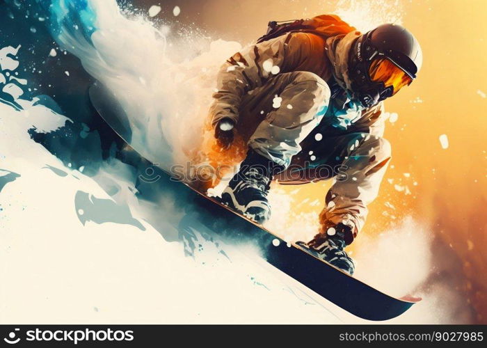 Snowboarder freeride on the slope in snow mountain. Generative AI. High quality illustration. Snowboarder freeride on the slope in snow mountain. Generative AI