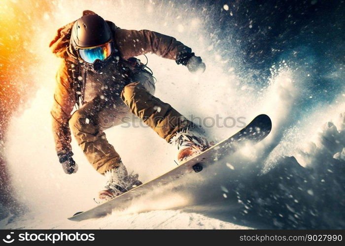 Snowboarder freeride on the slope in snow mountain. Generative AI. High quality illustration. Snowboarder freeride on the slope in snow mountain. Generative AI