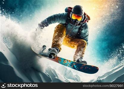 Snowboarder freeride on the slope in snow mountain. Generative AI. High quality illustration. Snowboarder freeride on the slope in snow mountain. Generative AI