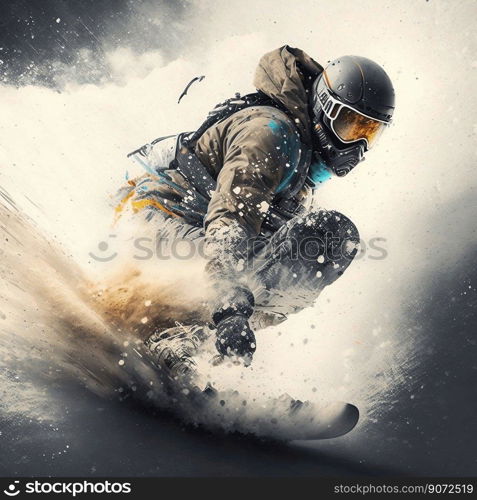 Snowboarder glides down the mountain, performing tricks and stunts in a thrilling display of skill and bravery, generative AI