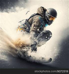 Snowboarder glides down the mountain, performing tricks and stunts in a thrilling display of skill and bravery, generative AI